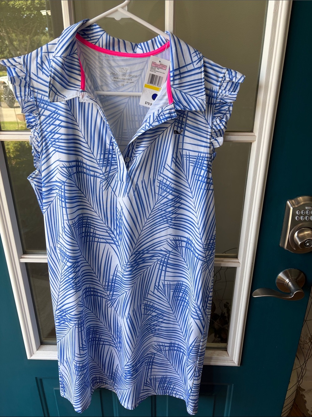 Vineyard Vines Sleeveless Blue Palm-Print Polo Dress